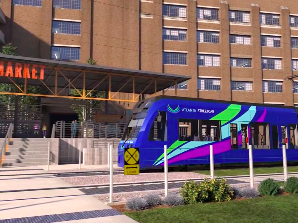 Rendering of Atlanta Streetcar traveling along the Eastside BeltLine corridor near Ponce City Market entrance in Old Fourth Ward Atlanta
