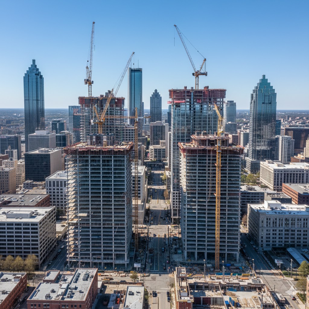A conceptual aerial view of downtown Atlanta's skyline featuring new construction cranes, representing the city's 2026 development boom and projects like Forge Atlanta.